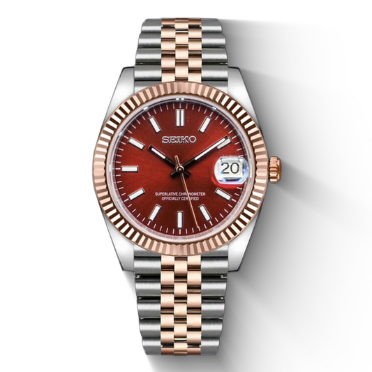 Seiko Date Two Tone Rose Gold Red